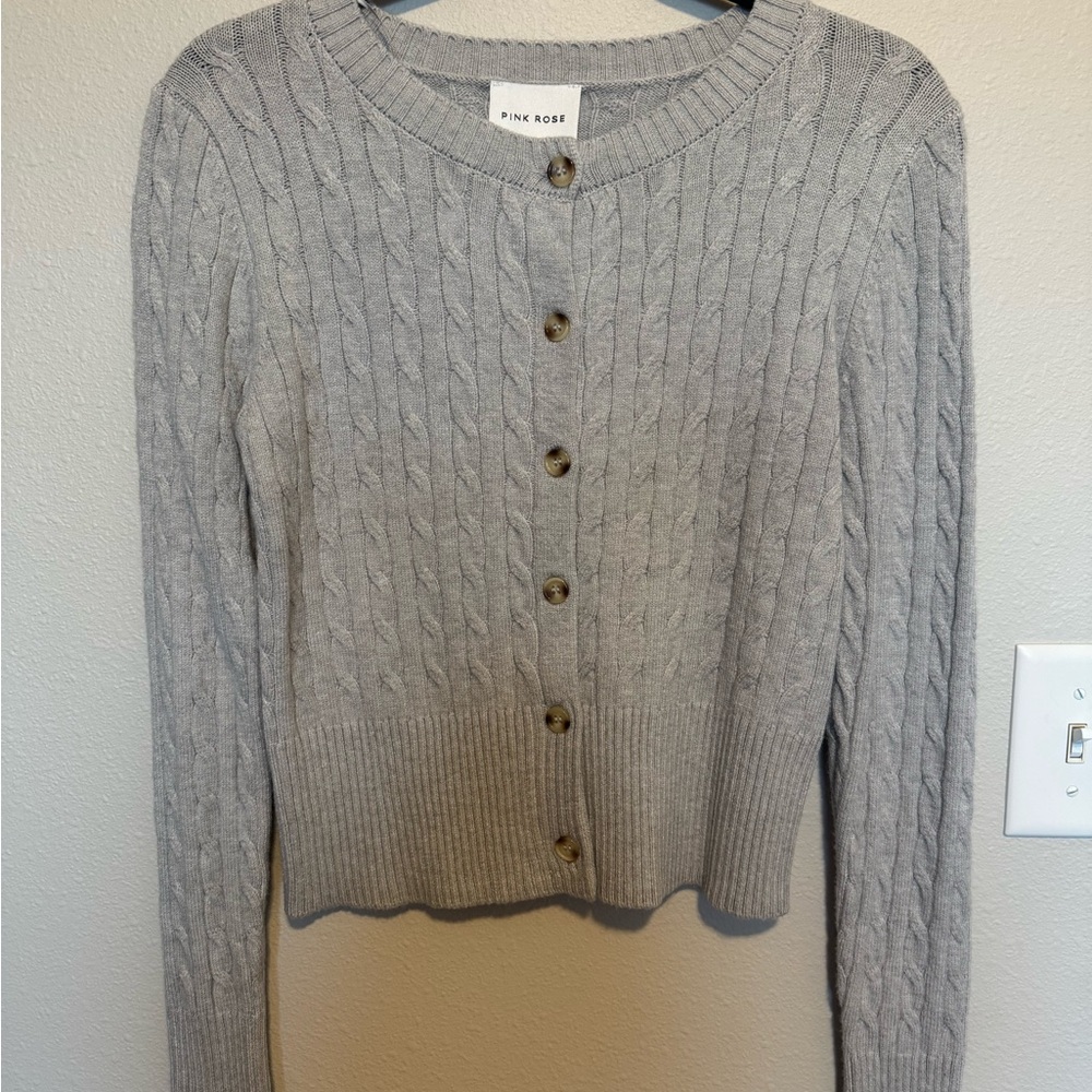 Pink Rose Light Gray Cable Knit Cardigan - Picture 3 of 4